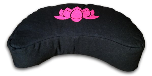 Zafu demi-lune noir - motif lotus rose